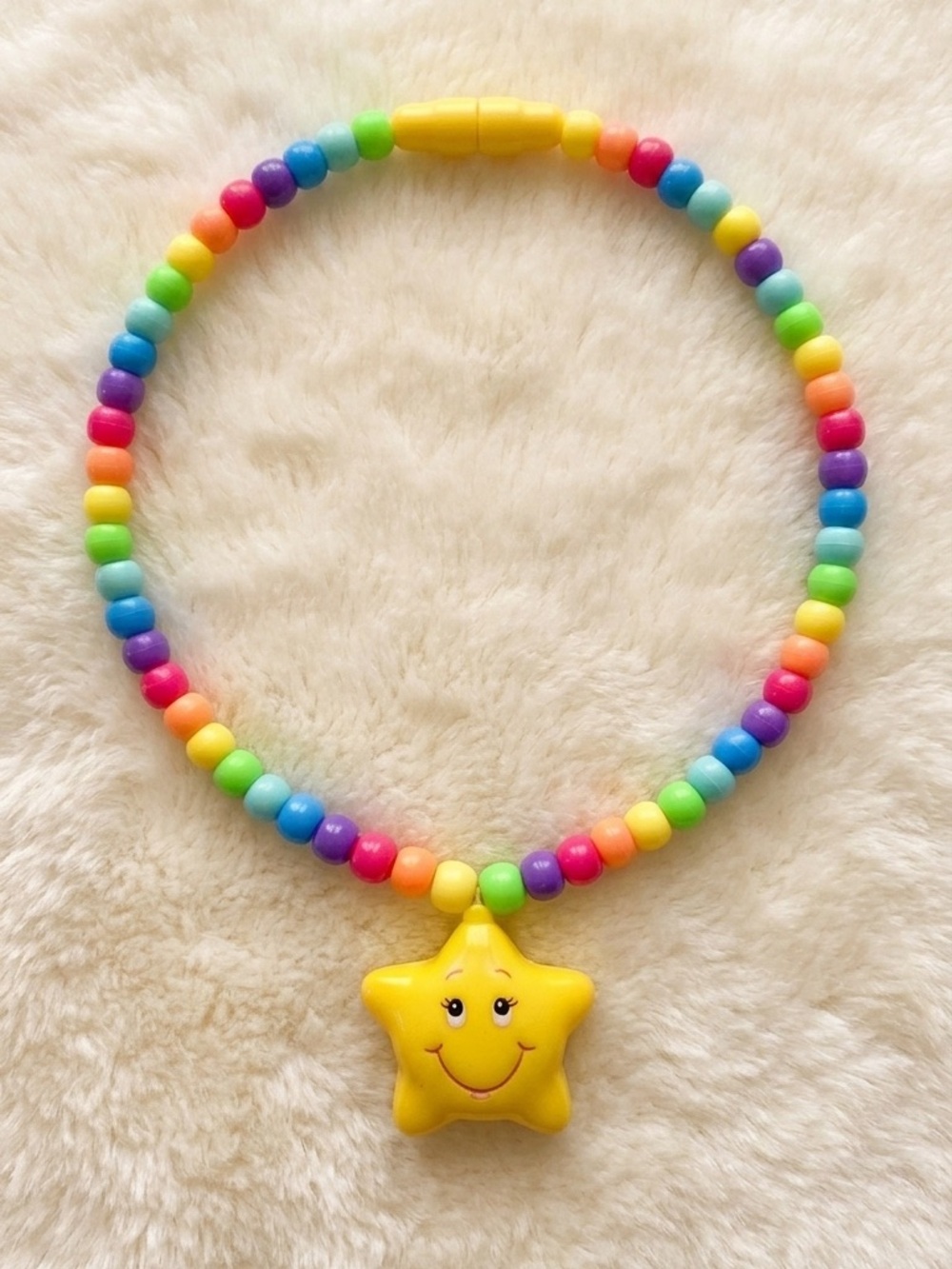 Vintage 2004 Care Bears Rainbow Bead Yellow Star Pendant Necklace Y2K Jewelry